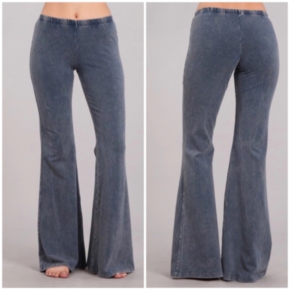 Blue Gray Boho Mineral Wash Flared Stretch Pants - Picture 1 of 6